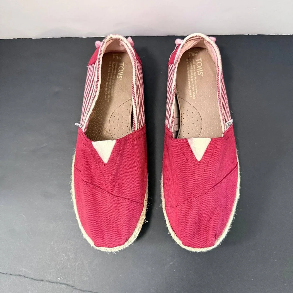 TOMS Red Herringbone Canvas Espadrille Alpargata Flats Striped Heel Womens 7.5